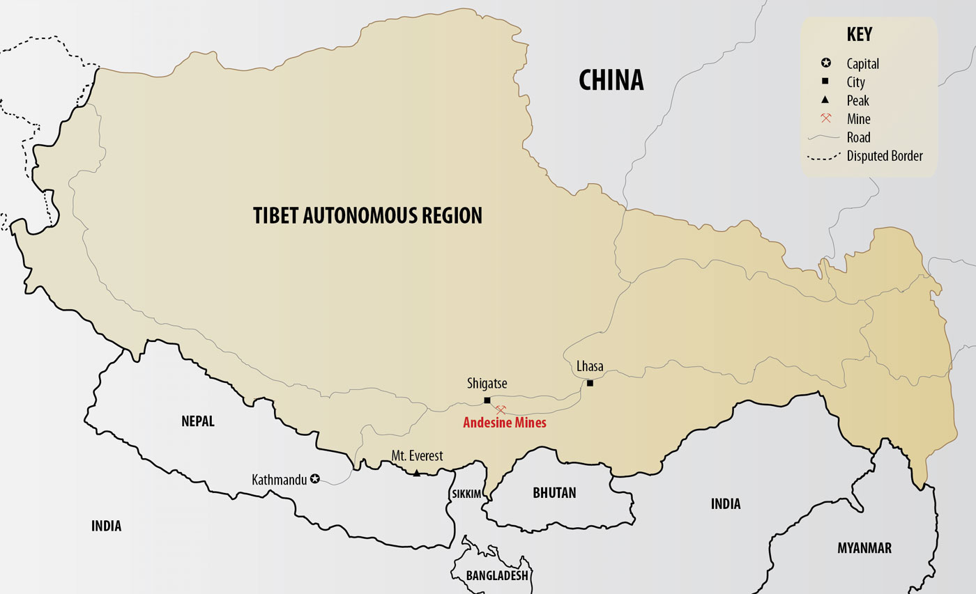 Figure 1. Map of Tibet, showing the location of the andesine mines. Map: Richard W. Hughes