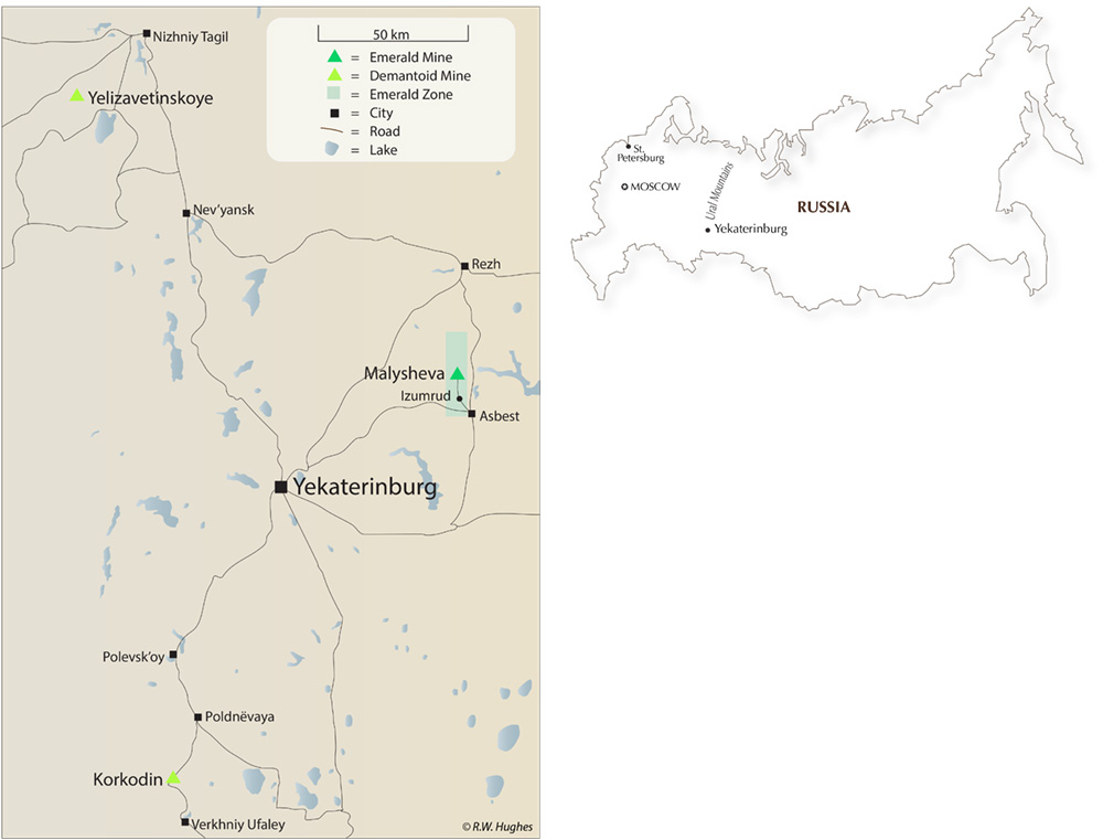 The Malysheva emerald mine is located just outside Yekaterinburg in Russia's Ural Mountain region. This area, which forms the boundary between Europe and Asia, is extremely rich in gem minerals, including the original source of alexandrite and demantoid garnet. Map: Richard W. Hughes